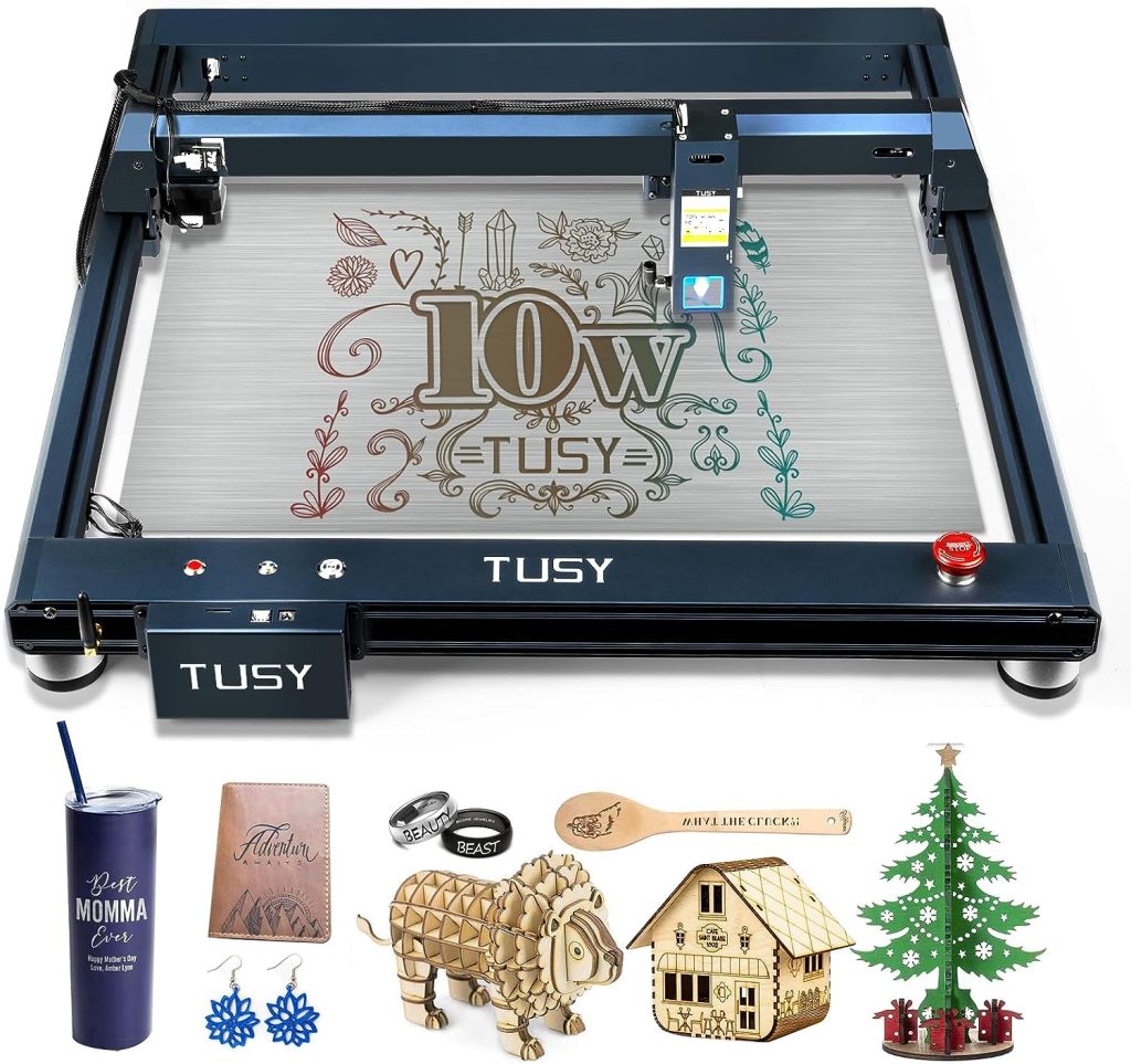 TUSY B1 Laser Engraver 10W Output Power, 60W Laser Cutting and Engraving Machine, 0.06mm Compression Spot 10000 mm/min Engraving Speed with Eye Protection, for Wood, Metal, Leather, Acrylic, Glass