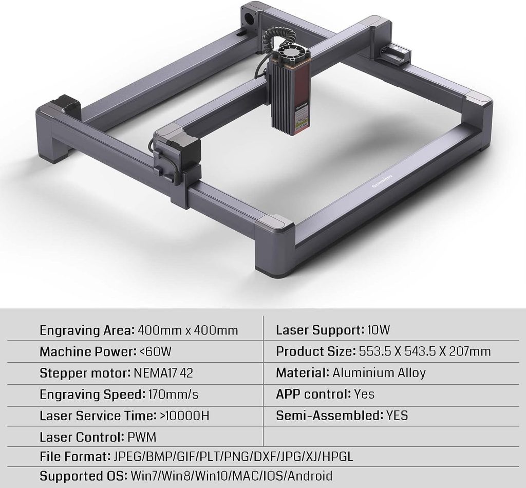 Genmitsu Jinsoku LC-40 10W Optical Power Laser Engraver, 0.08*0.05mm Compressed Spot Laser Cutter with Linear Rails, APP Control, High Accuracy Laser Engraving Machine for wood, metal, 400mm x 400mm